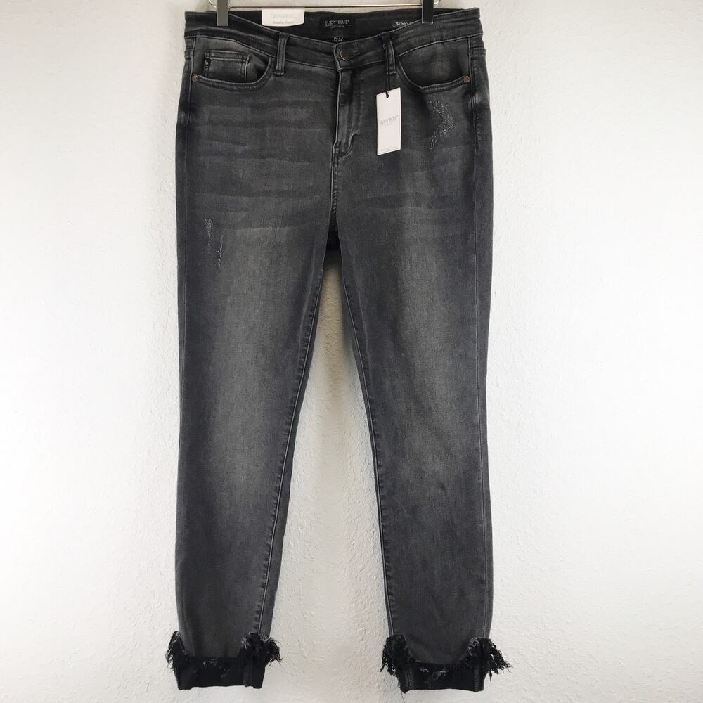 NWT Judy Blue Faded Black Skinny Fit Destroyed Cuffed Hem Jeans Distressed 32